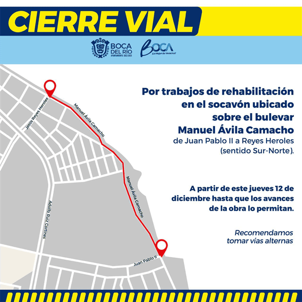 Inician reparaciones del socavón en el bulevar Ávila Camacho de Boca del Río