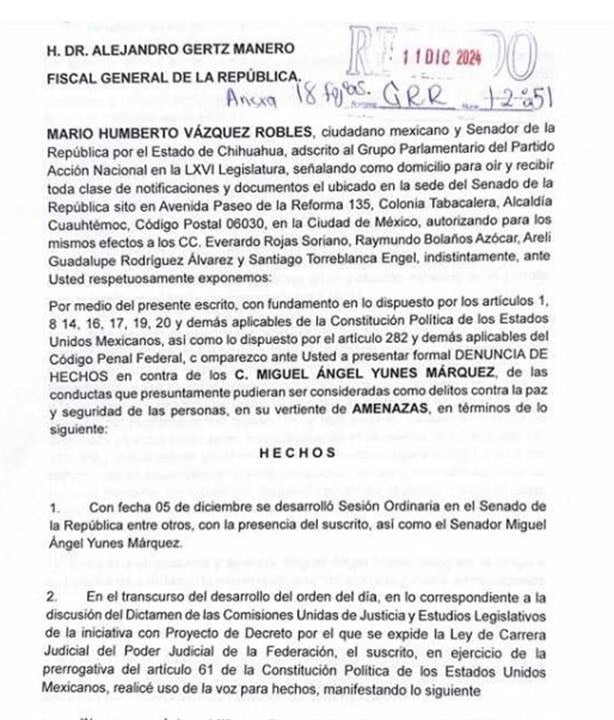 Denuncia el senador Mario Vázquez a Miguel Ángel Yunes Márquez ante la FGR por presuntas amenazas