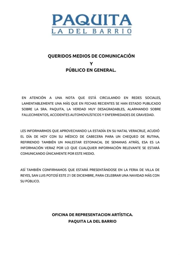 ¿Paquita la del barrio está hospitalizada en Xalapa?