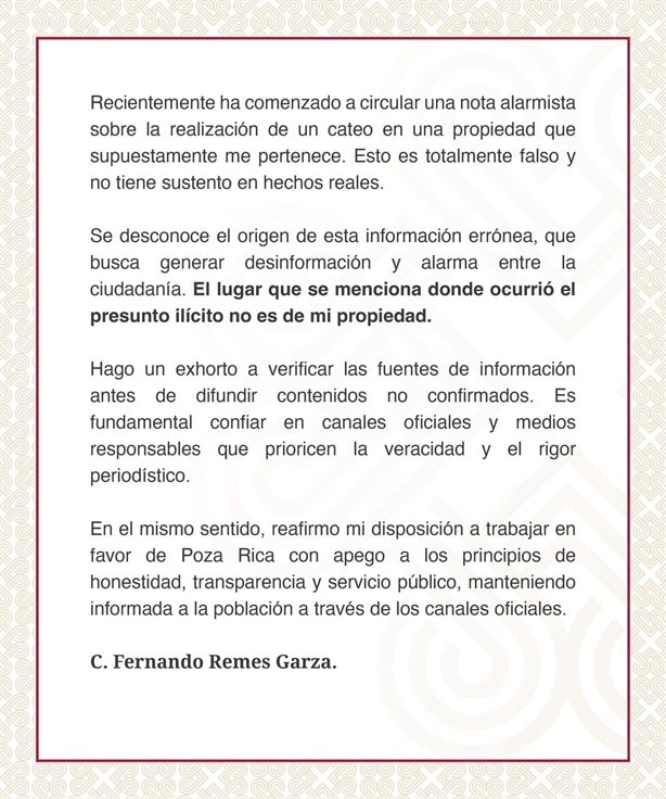 Niega alcalde de Poza Rica ser dueño de rancho donde se efectuó un presunto cateo