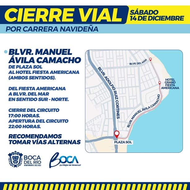 HOY cierres viales en Boca del Río por carrera navideña