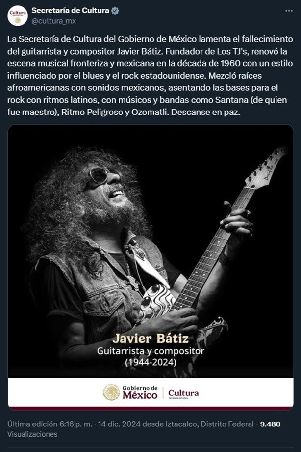 Luto en el rock mexicano; el guitarrista Javier Bátiz murió a los 80 años