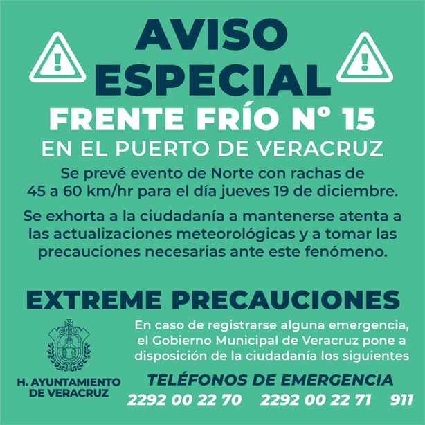 Frente Frío 15: Vientos de hasta 60 km/h impactarán Veracruz este 19 de diciembre