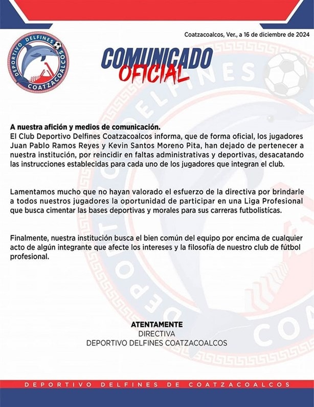 Delfines de Coatzacoalcos anuncian la expulsión de dos jugadores; estos son los motivos