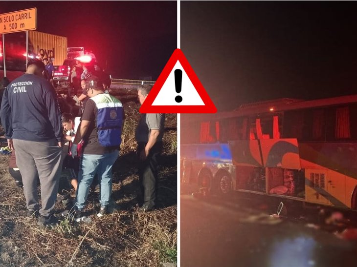 Fuerte choque en autopista Minatitlán-Córdoba; autobús y tráiler se dan encontronazo hay 6 lesionados