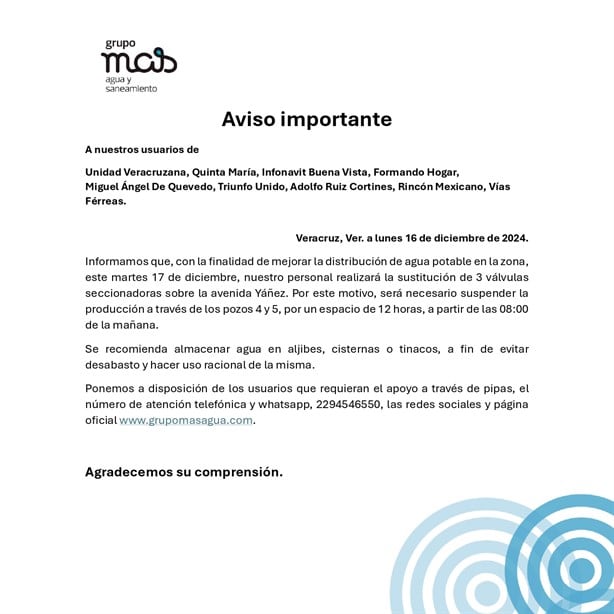 Estas 9 colonias de Veracruz no tendrán agua potable este 17 de diciembre