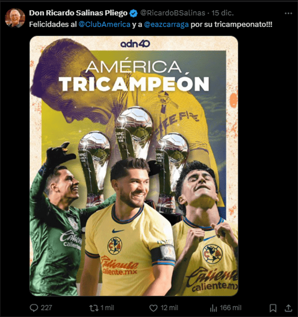 Ricardo Salinas Pliego felicita a Emilio Azcárraga por el tricampeonato del Club América