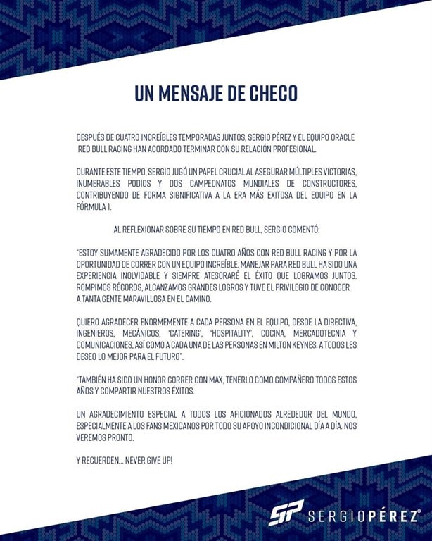 Sergio Checo Pérez confirma su salida de Red Bull