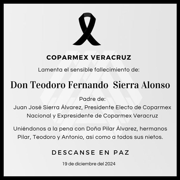 Fallece padre de Juan José Sierra, presidente electo de Coparmex Nacional