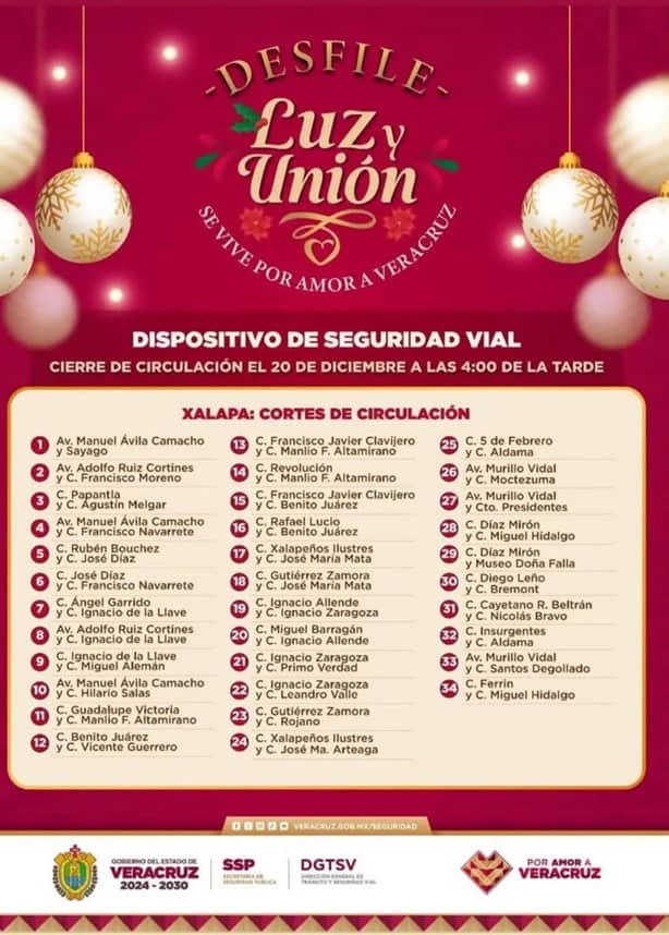 ¡Atención! Estos son los cortes viales en Xalapa por desfile navideño este viernes