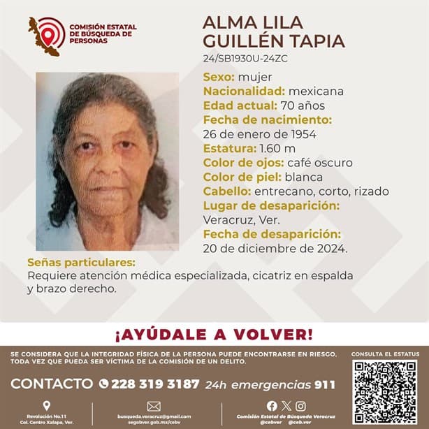 Desaparece Alma Lila Guillén Tapia de 70 años de edad en Veracruz