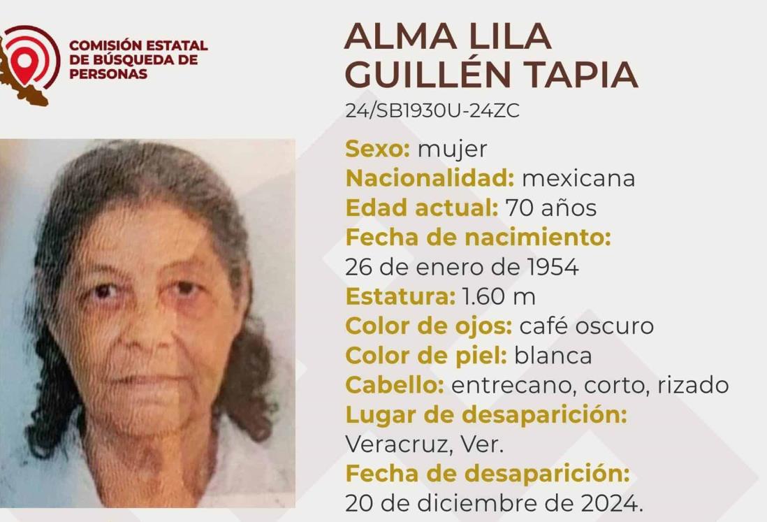 Desaparece Alma Lila Guillén Tapia de 70 años de edad en Veracruz