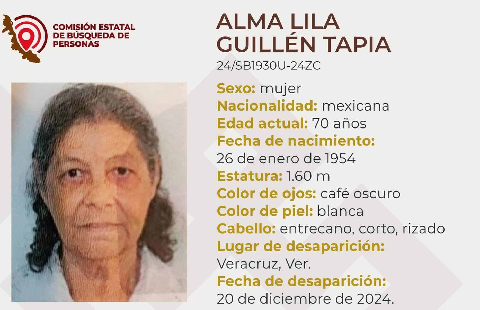 Desaparece Alma Lila Guillén Tapia de 70 años de edad en Veracruz