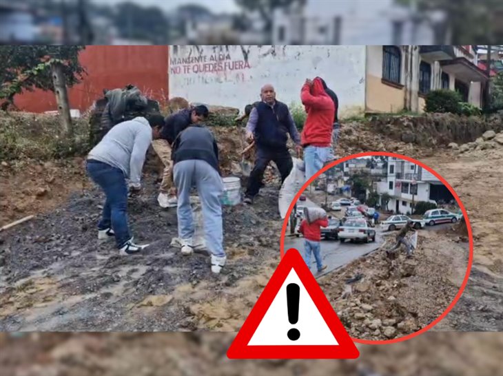 Reportan enormes baches en El Sumidero en Xalapa; taxistas se unen para taparlos