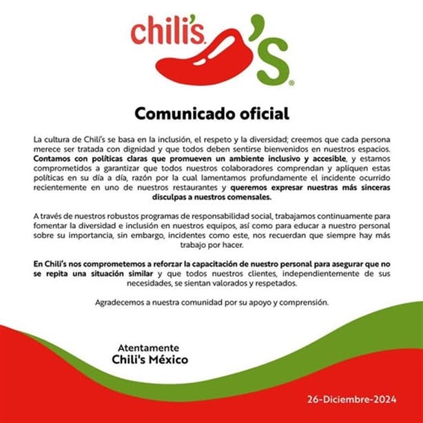 Chili´s México se disculpa tras discriminar a cliente con discapacidad visual en Xalapa