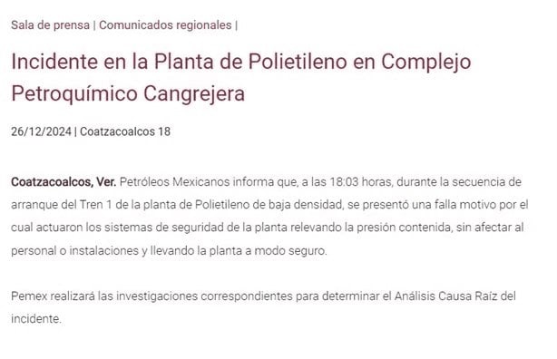 Pemex se pronuncia tras incidente en Complejo Cangrejera de Coatzacoalcos