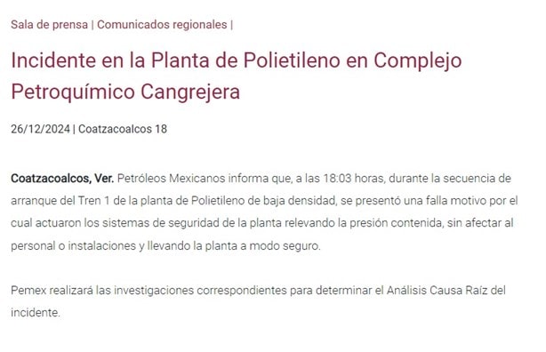 Pemex emite comunicado tras estruendo en Complejo Cangrejera: esto dijeron