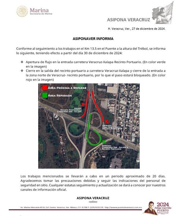 Asipona anuncia cambios en el flujo vehicular sobre el kilómetro 13.5 de Veracruz