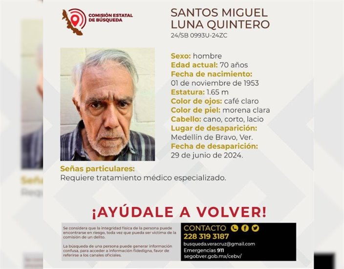 ¿Lo has visto?: Buscan a Santos Miguel, de 70 años; en Xalapa y Medellín