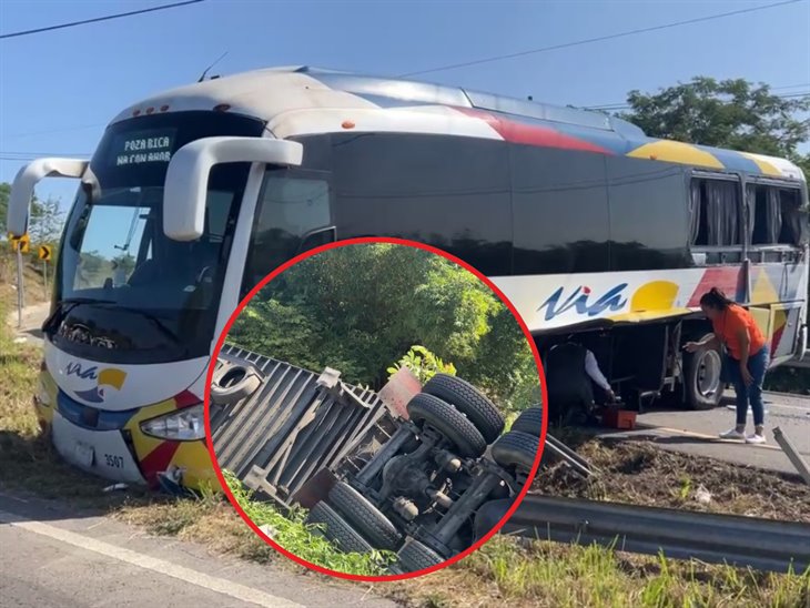 ¡Aparatoso! chocan autobús y tráiler en la autopista Cardel-Poza Rica