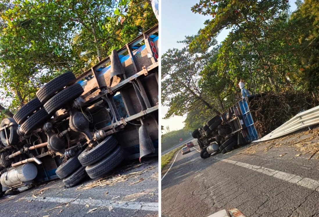 Vuelca camión cañero en carretera Veracruz-Cardel