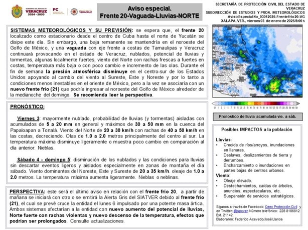 Emite Protección Civil Aviso Especial por frente frío, lluvia y norte en Veracruz