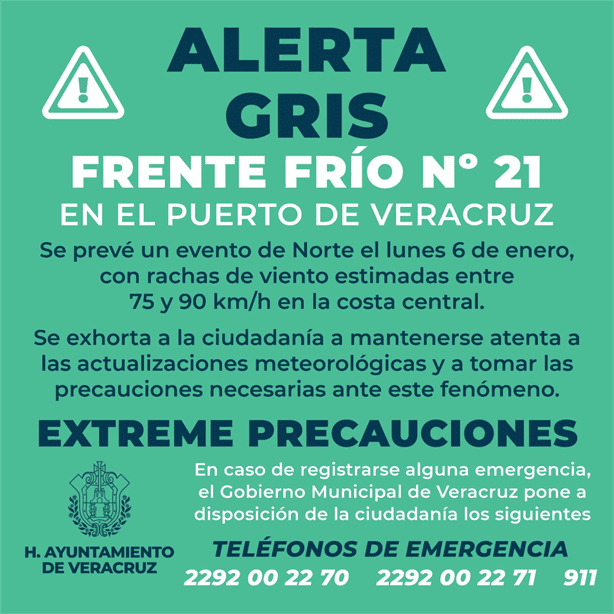 Alerta Gris por el Frente Frío No. 21 en el Puerto de Veracruz