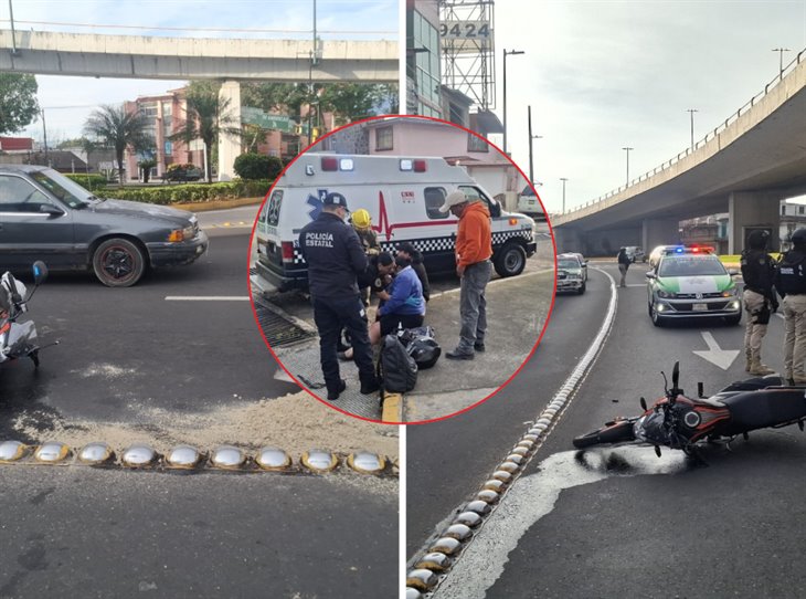 Pareja de motociclistas resultan accidentados en Xalapa al esquivar choque