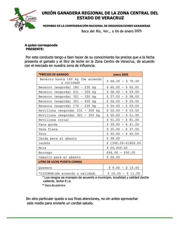 Habrá nuevos precios de ganado y leche en Veracruz, anuncia Unión Regional 