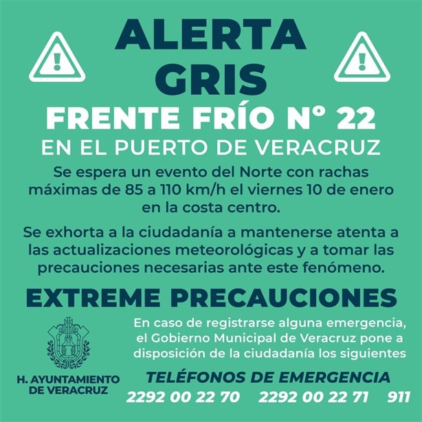 Emiten Alerta Gris por evento de norte con rachas de 110 km/h en Veracruz