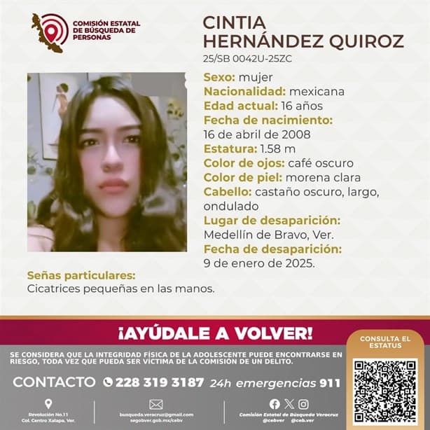 Desaparece Cintia Hernández de 16 años en Medellín de Bravo