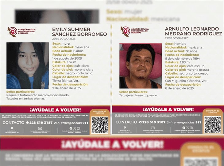 Se buscan: joven de 15 años y hombre de 30, están desaparecidos en zona centro de Veracruz