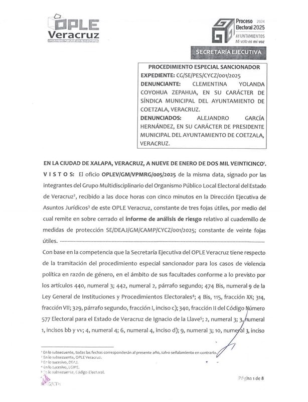 Emite OPLE Veracruz medidas de protección a síndica de Coetzala