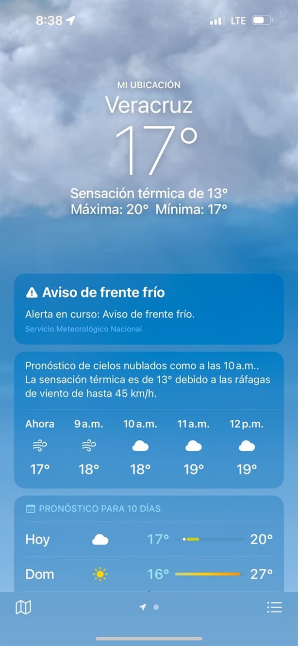 Sensación térmica baja a 13 grados en Veracruz y Boca del Río