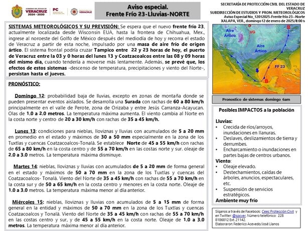 ¡Atención! viene nuevo frente frío en Veracruz; toma precauciones