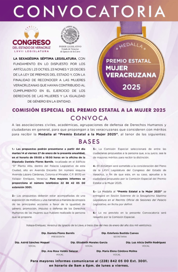 Congreso de Veracruz emite convocatoria para el Premio Estatal a la Mujer 2025