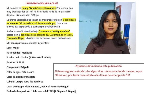 Buscan a Hanny Sismai Chávez, menor de edad desaparecida en Veracruz