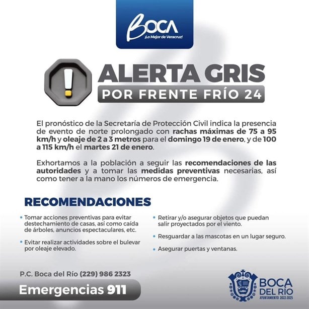 Emiten Alerta Gris en Boca del Río por norte de hasta 115 km/h