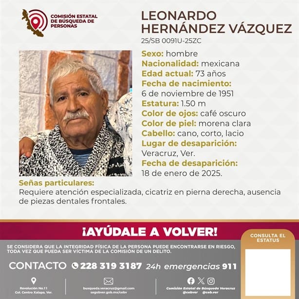 Buscan a Don Leonardo de 73 años en Veracruz; lleva dos días desaparecido