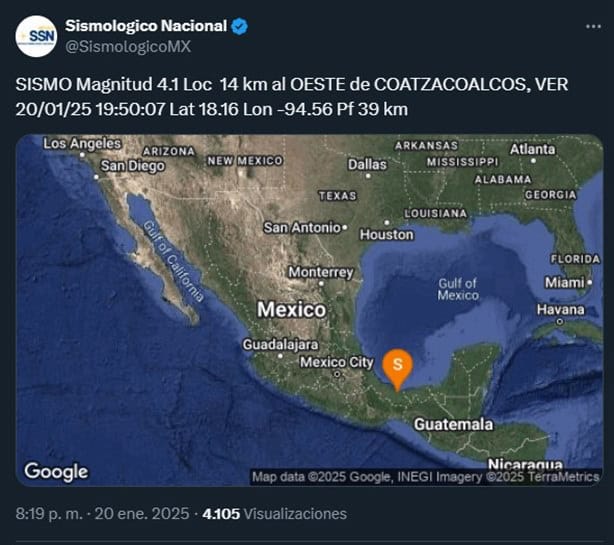 ¿Lo sentiste? Se registra sismo en Coatzacoalcos este 20 de enero