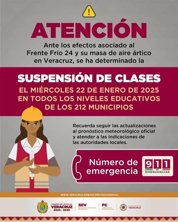 Suspendidas las clases para este miércoles en Veracruz; se intensifica Frente Frío 24