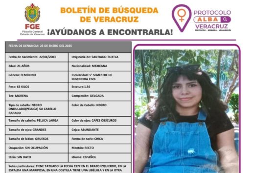 Activan Protocolo Alba por desaparición de una estudiante de 21 años en la ciudad de Veracruz