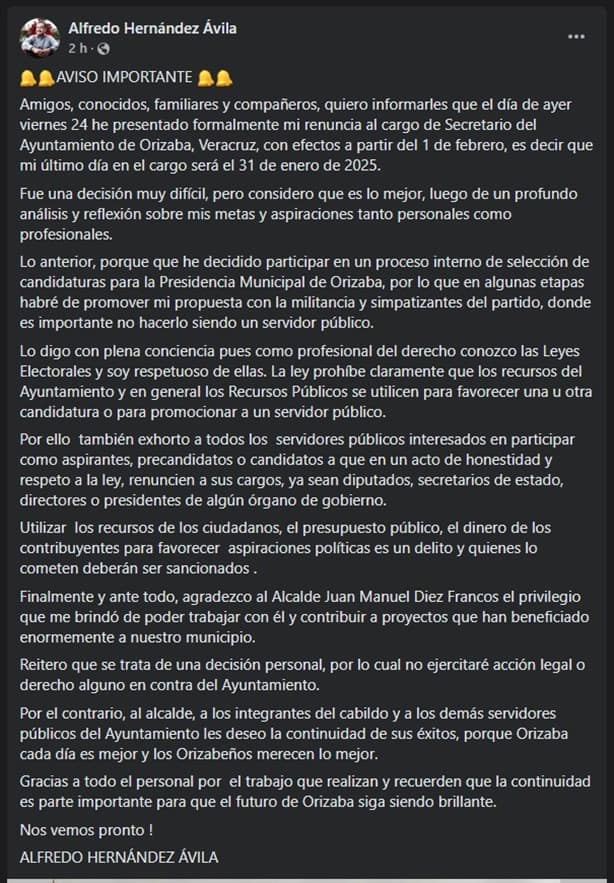 Elecciones 2025: Renuncia secretario del Ayuntamiento de Orizaba; buscará candidatura