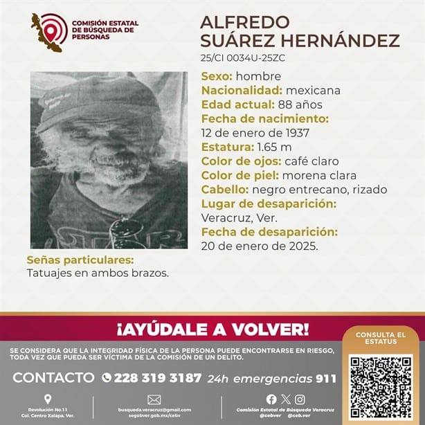 Familia busca a Alfredo Suárez Hernández de 88 años, desapareció en Veracruz