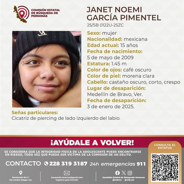 Desaparece la adolescente Janet Noemí García Pimentel en Medellín de Bravo