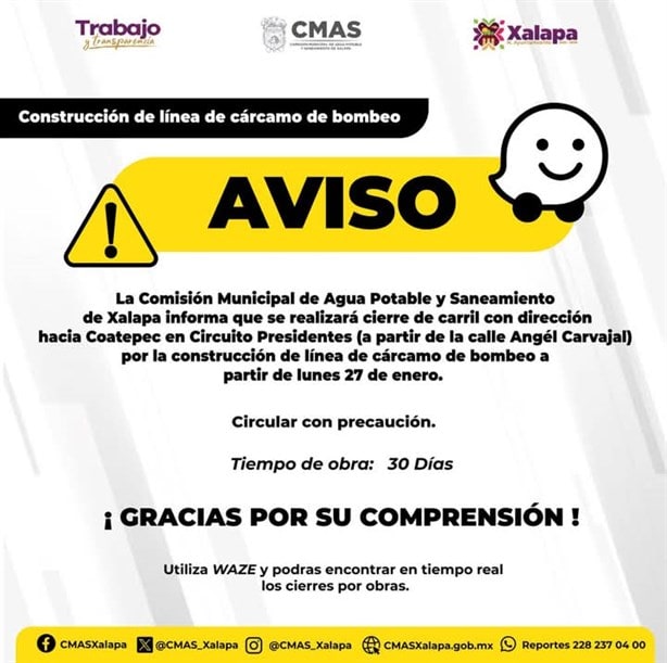 A tomar precauciones; construcción de cárcamo de bombeo tardará 30 días: CMAS-Xalapa