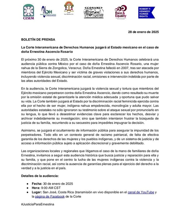 Corte Interamericana hará audiencia contra Estado Mexicano por caso de Ernestina Ascencio