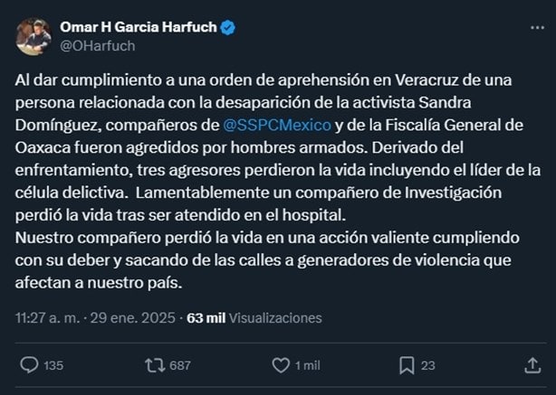 Confirma Omar García Harfuch 4 fallecidos tras enfrentamiento en límites de Oaxaca y Veracruz