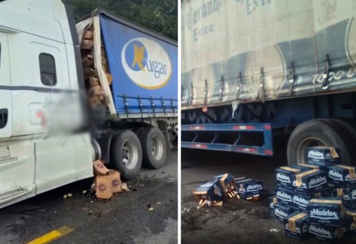 Se accidenta camión de cervezas en carretera Tuxtepec-Cosamaloapan; civiles rapiñan el producto