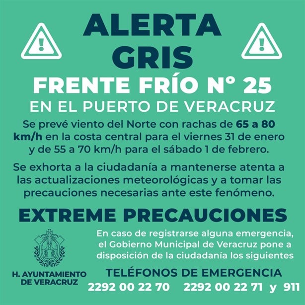 Ayuntamiento de Veracruz emite Aviso Especial por Frente Frío 25; prevén rachas de 80 Km/h